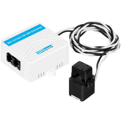Shows top side of the 30A AC Current probe 1W-UNI 2 with black/white cables to the clamp meter.