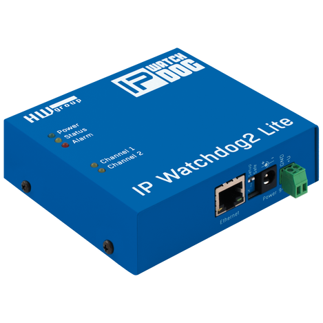 Blue IP Watchdog2 Lite device with HW Group branding on a white background