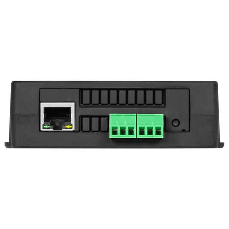 View of the RJ45 jack, terminal block connectors. reset button