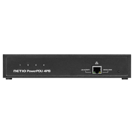 NETIO PowerPDU 4KB phtoto showing front side with RJ45 jack and terminal block.
