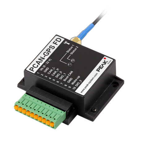 Angled PCAN-GPS FD picture with 10 pin connector (pinout info on unit top)