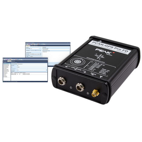 PEAK System PCAN-GPS Pro FD device image with screenshots of configuration software.