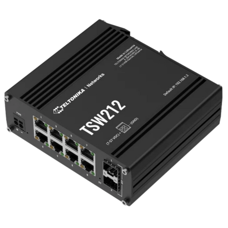 TSW212 layong on side, showing 8 Gigabit Ethernet ports and 2 SFP ports