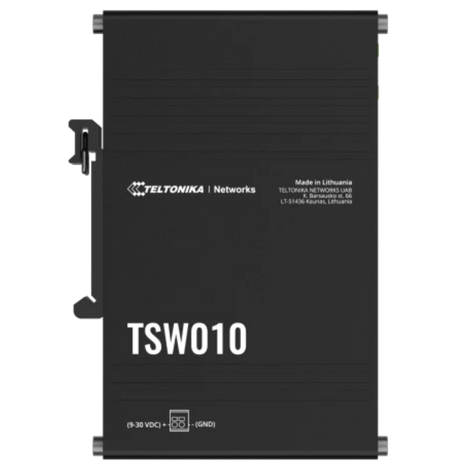top view of the TSW010 Ethernet switch shows made in Lithuania, teltonkia logo, and power pinout.
