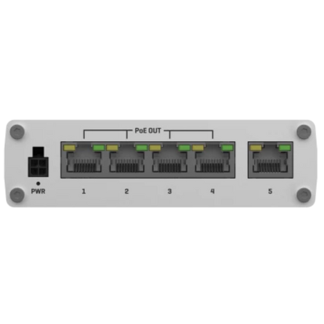Side view shows power connector, 4 PoE out ports and 1 additional Ethernet port