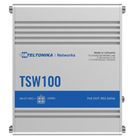 top view of the SW100 shows label Teltonika logo, Made in Lithuania, power and ground diagram.