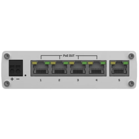 TSW101 side view photo shows power connector, 5 Ethernet ports with 4 having PoE.