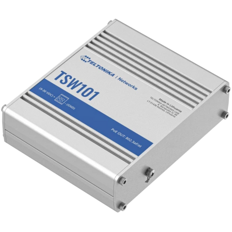 TSW101 angled photo shows Teltonika logo, made in Lithuania, power pinout diagram.