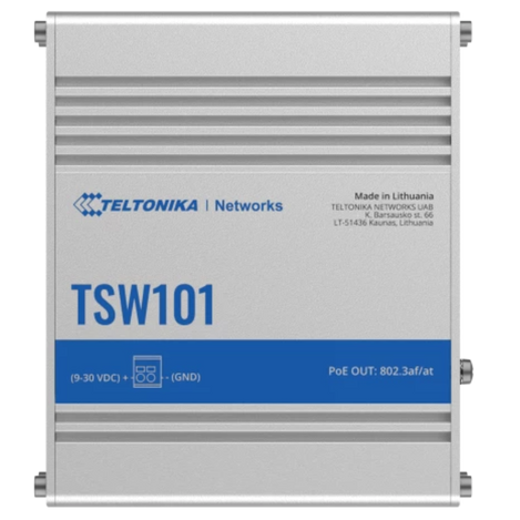 TSW101 top view shows label with Teltonika logo, Made in Lithuania, power pinout diagram and PoE out.