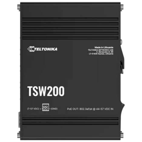 Top view of the Teltonika TSW200. Power socket pinout diagram, Made in Lithuania , logo and PoE out information.