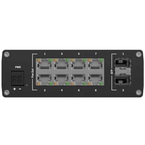 Side view of TSW200 has Power connection, 8 Ethernet PoE ports and 2 SFP ports.