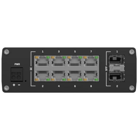TSW210 side view with power connector, 8 Ethernet ports, and 2 SFP.