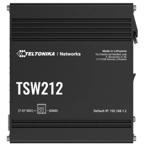TSW212 top view of device showing label with Made in Lithuania, Teltonika company logo, TSW212 , and a Devault IP address.
