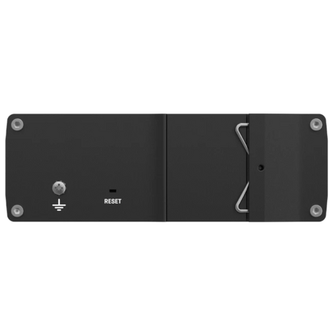 Side view of the TSW212 with reset button and DIN rail clip. Srew for grounding.