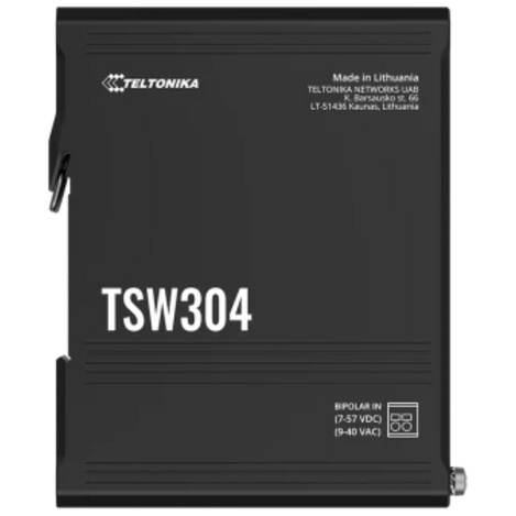 Top view of TSW304 with label showing Teltonika logo, Made in Lithuania .