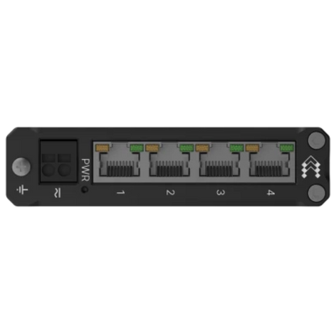 Side view of the TSW304 has power connector, grounding screw and 4 Ethernet ports.