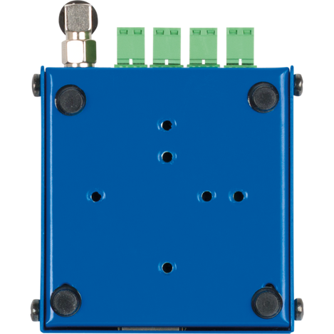 Underside view of the WLD2 PoE device shows 6 holes and the extension of the phoenix connectors and antenna base from the side .