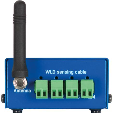 Side view of WLD2 PoE showing antenna and 4 phoenix connectors for WLD sensing cables.