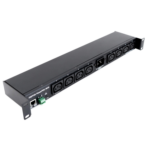 NETIO PowerPDU 8QS with power outputs controlled and metered over a LAN. Ffits into a 19” cabinet (1U). Each 8 output can be switched on/off individually.