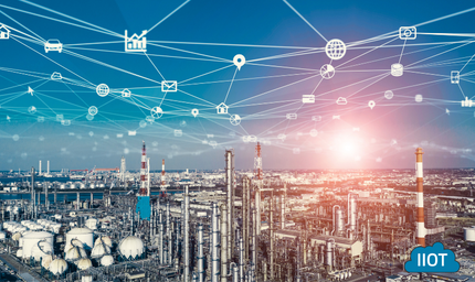 industrial area of a city with interconnected web representing IoT and networking