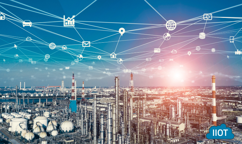 industrial area of a city with interconnected web representing IoT and networking