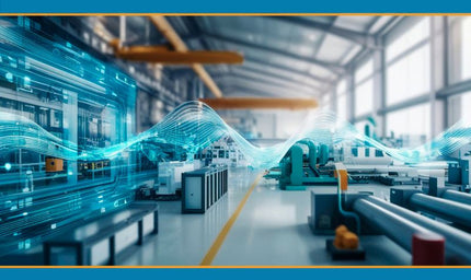 An industrial factory floor overlaid with wireless signal waves