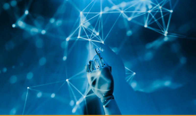 a robotic hand touches web of interconnected dots