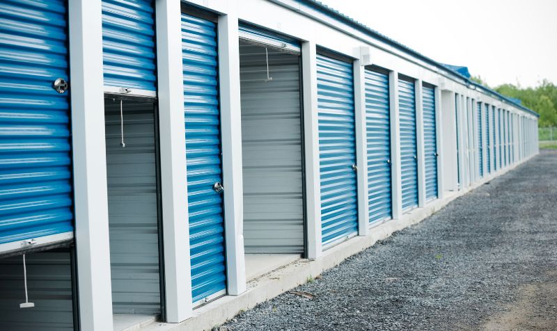 outdoor storage facility with some doors open