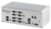 A white Ixxat Mobilizer industrial networking chassis with a ribbed metal heatsink top and a detailed rear panel showing various ports including RS232, Ethernet, USB, and LAN.