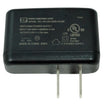 A black power supply adapter with two metal pins, featuring white printed specifications and certification logos on its top surface.