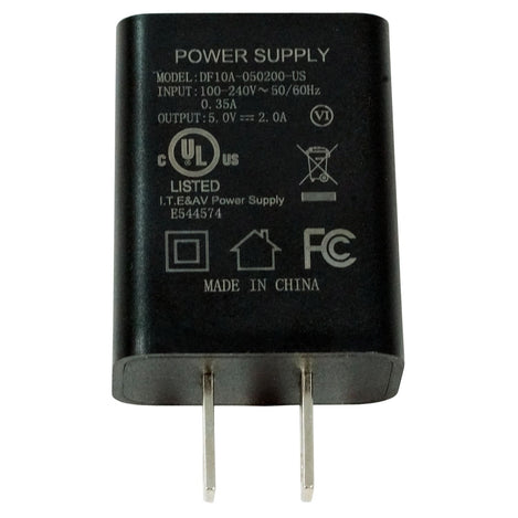 A black rectangular power supply adapter with two metal pins, featuring white printed specifications and certification logos on the front
