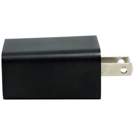 A black rectangular wall charger adapter with a silver metal plug