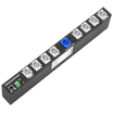 NETIO PowerPDU 8QV photo showing front panel with 8 outlets and RJ-45 jack and 3-pin terminal block.