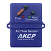 A blue Akcp Air Flow Sensor device with a front-mounted flow resistor and two indicator lights (red and green