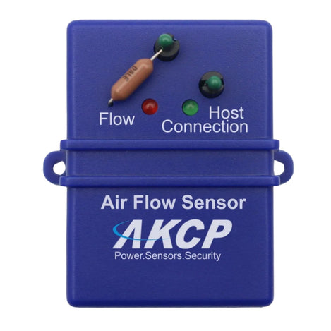 A blue Akcp Air Flow Sensor device with a front-mounted flow resistor and two indicator lights (red and green