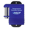 A blue temperature and humidity sensor, featuring a silver metal mounting bracket and a blue cylindrical component, labeled 