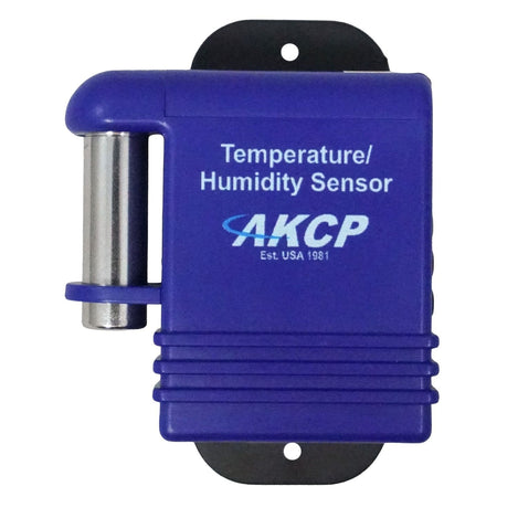 A blue temperature and humidity sensor, featuring a silver metal mounting bracket and a blue cylindrical component, labeled 