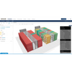 A screenshot of a software interface showing 3D container-like structures in a planning or simulation workspace, with a left sidebar, top menu bar, and a right-side status panel. The visible brand/logo at the top left reads Quickline.