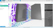 A screenshot of a 3D server room visualization software interface showing two gray server racks with colorful purple, blue, and cyan airflow patterns around them, alongside device and console panels.