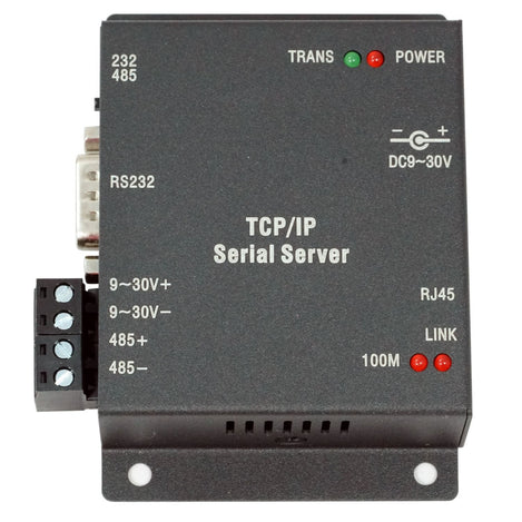 A BF-430 module with terminal blocks on the left, and indicator lights for TRANS, POWER, DC9-30V, RS232, RJ45, and LINK