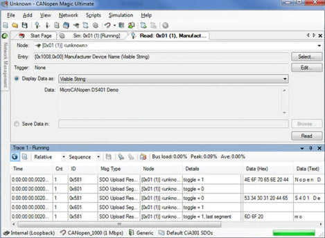 Screenshot of the Network Management tab. Includes data such as Time, count, ID, message type, node, details, data, bus load percentages, etc.