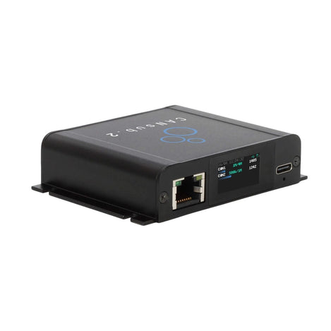 CANsub2 with an RJ45 Ethernet port, a small LED status display, and a USB-C port