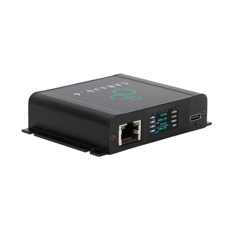 CANsub4 with an RJ45 Ethernet port, a small LED status display, and a USB-C port