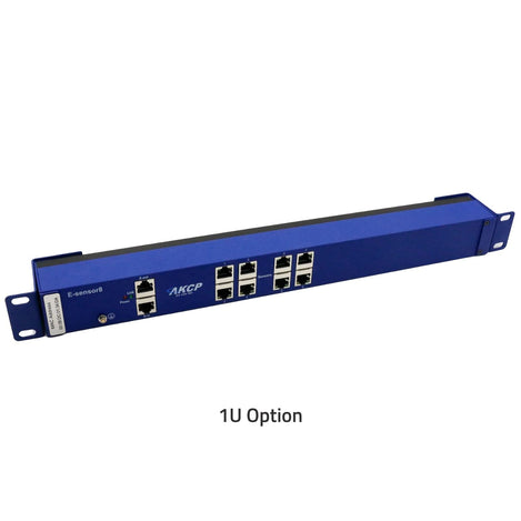 A blue 1U rack mount, 8 port sensor expansion unit with RJ-45 intelligent sensor ports  for AKCP securityProbes 5E.