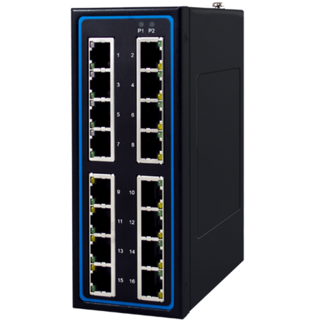 The EH2316-2G is an entry-level unmanaged Ethernet switch designed for industrial environments. Left View