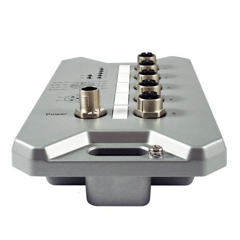 Front view of metallic device with 5 M12  ports