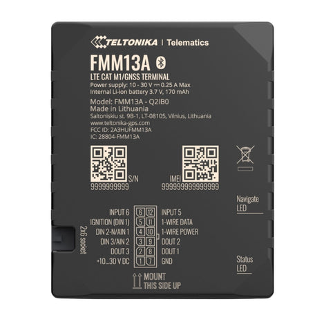 Front view of a Teltonika Telematics FMM13A LTE CAT M1/GNSS terminal with pinout specifications.