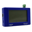 A blue sensorProbe2+ LCD device with a digital screen, PoE port, power indicator and reset button. 