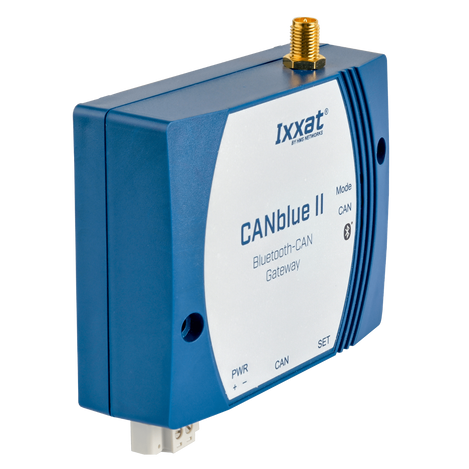 CANblue II Bluetooth-CAN Gateway, a versatile and cost-effective Bluetooth module for CAN systems that can be used with an external antenna. angled left