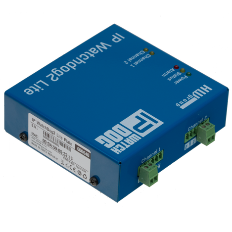 HW group IP Watchdog2 Lite monitoring unit with side label and 2 2-pin terminal block on top of unit.